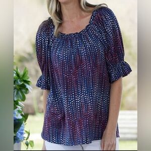 Chenault Women's Navy & Red Star Print Blouse Size Med Short Ruffle Sleeve NWT